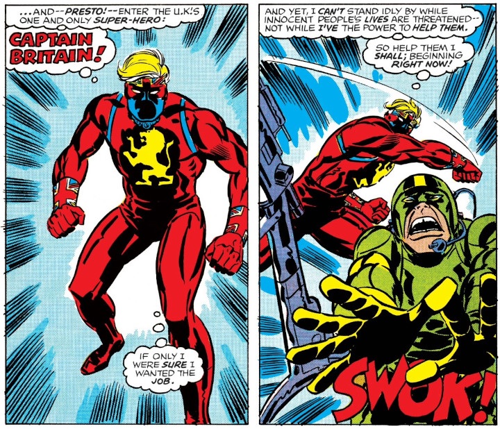 Captain Britain taking action to help his country