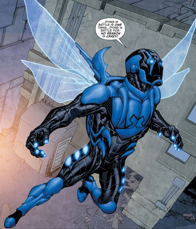 Blue Beetle flying into action