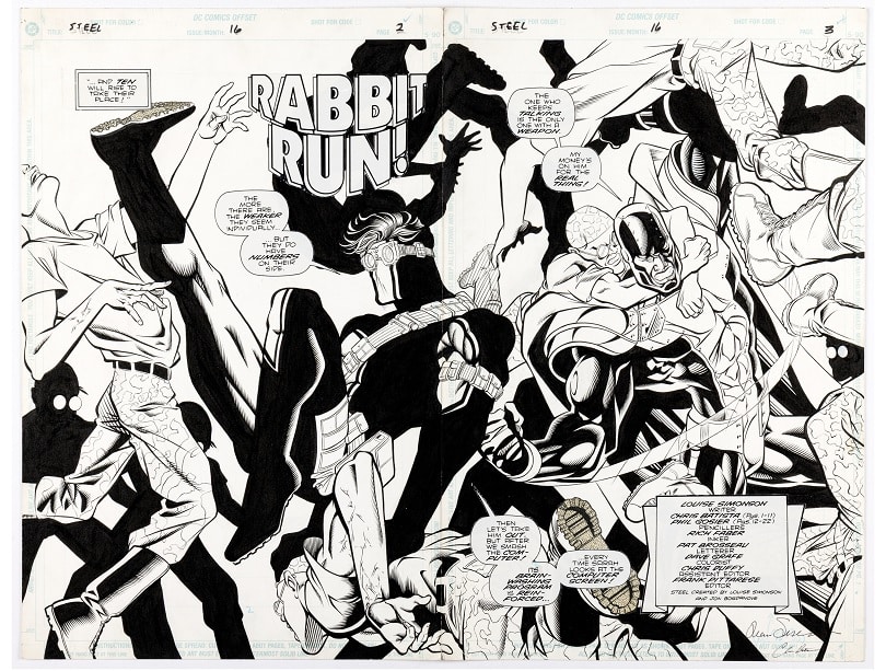 Heritage weekly auction Chris Batista and Rich Faber’s Steel #16 double-page splash
