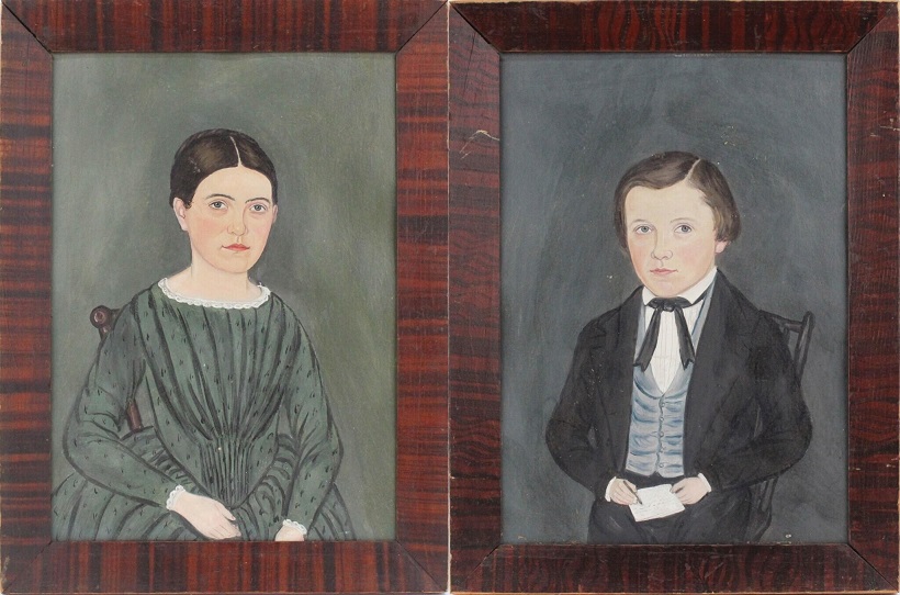 Nye & Co auction pair of oil on board portraits by Jacob Bailey Moore