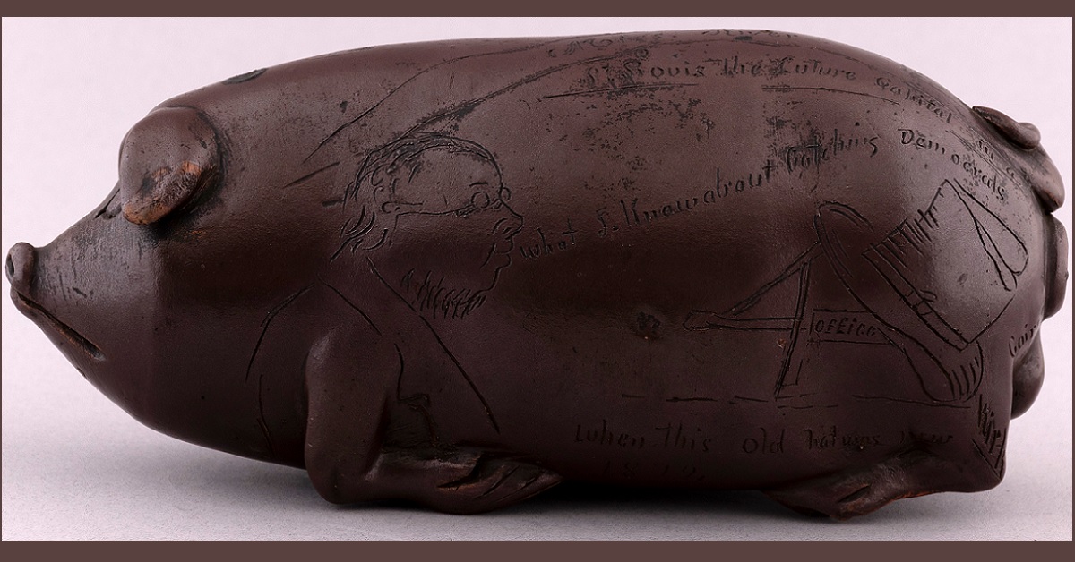 Horace Greeley Pig Flask by Anna Pottery in Hake’s Auction