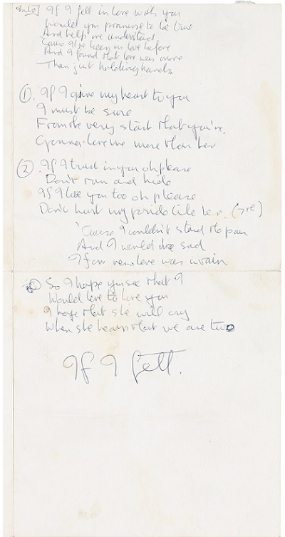 Heritage entertainment auction John Lennon’s If I Fell handwritten lyrics