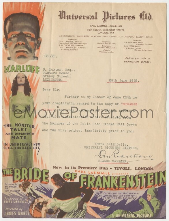 eMoviePoster auction Bride of Frankenstein signed letter