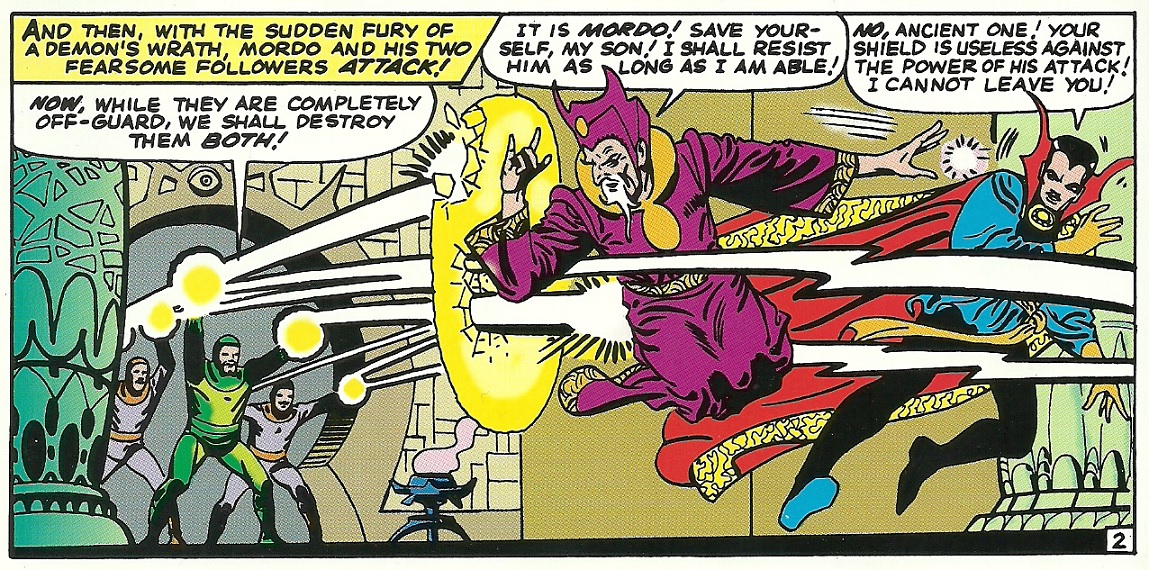 Doctor Strange and the Ancient One being attacked by Mordo