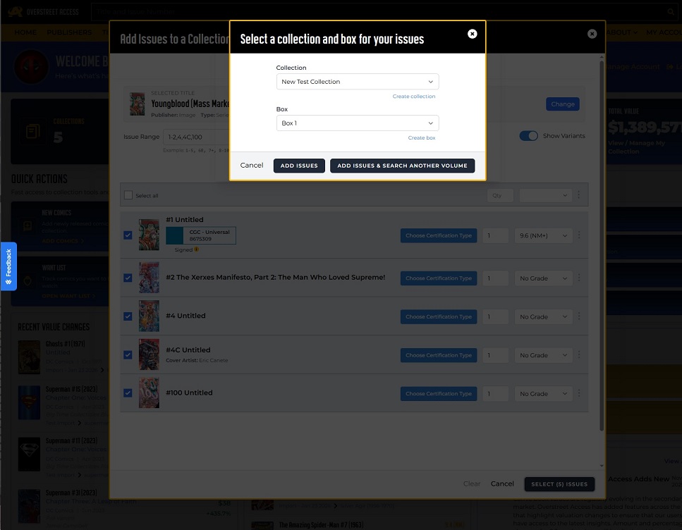 Overstreet Access Quick Issue Add – add issues then close the feature or add and select more books