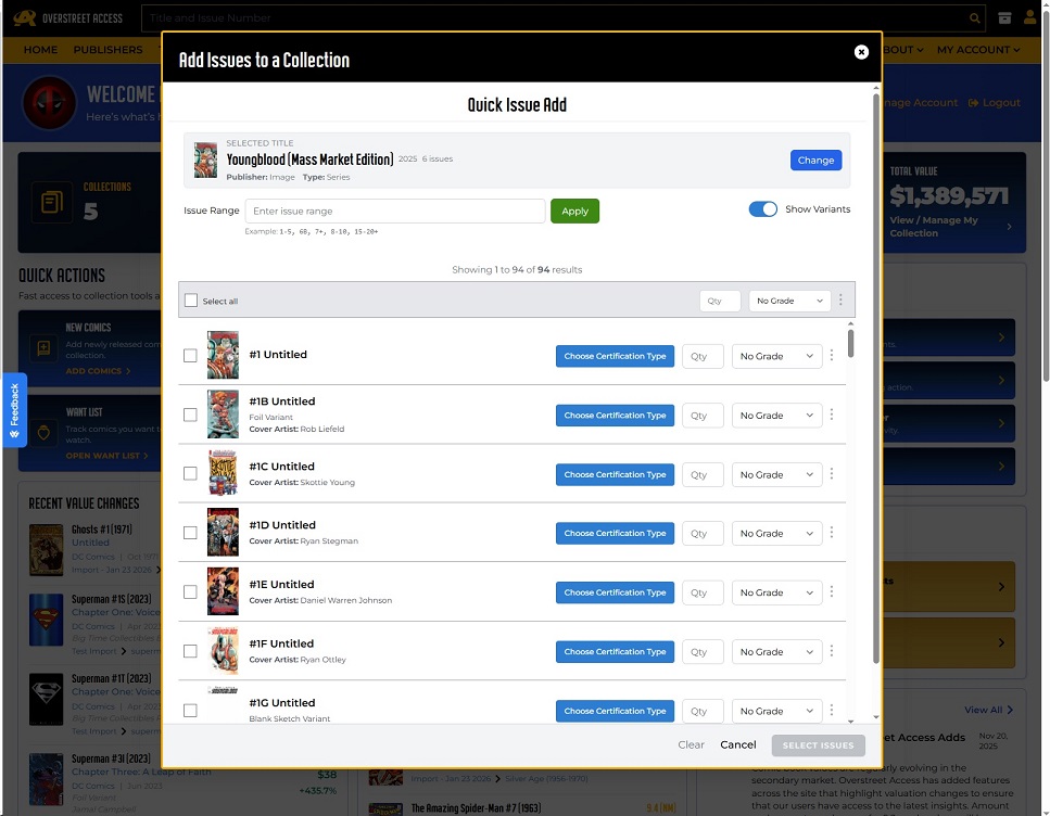 Overstreet Access Quick Issue Add – choose title