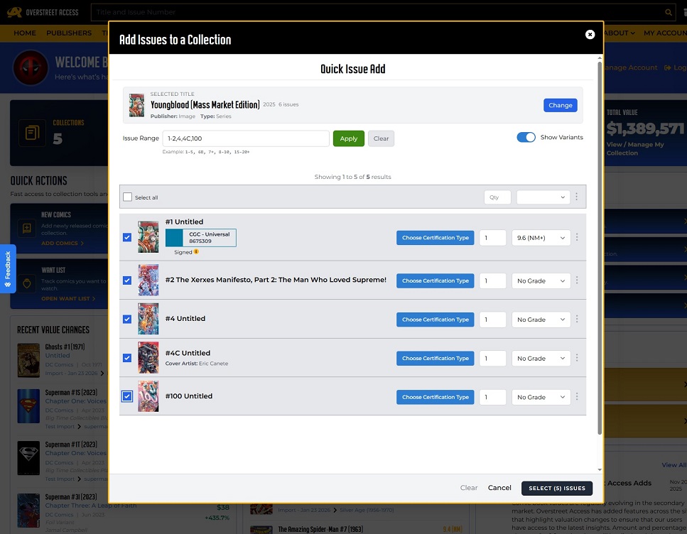 Overstreet Access Quick Issue Add – select grade and other factors