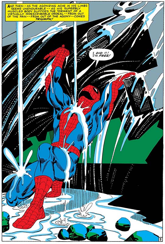 The Amazing Spider-Man lifting heavy machinery to save himself