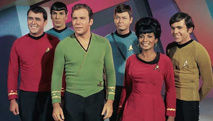 Walter Koenig (R) with the cast of Star Trek The Original Series